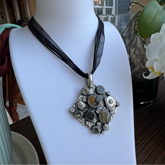 PD Artisan Style Boho Multi Stone Large Silver Pendant Necklace - Picture 1 of 4